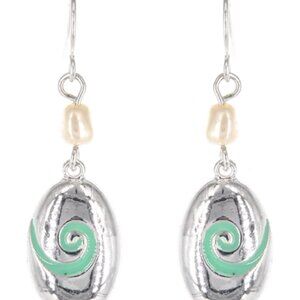 Oval Shape Swirl Turquoise Hand Painted Epoxy Dangle Drop Earrings Pearls